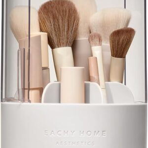 EACHY Makeup Brush Holder 360° Rotating with Dustproof Lid, Waterproof Material, 7 Compartments for Organized Storage, Stylish and Durable Design for Vanity (White)